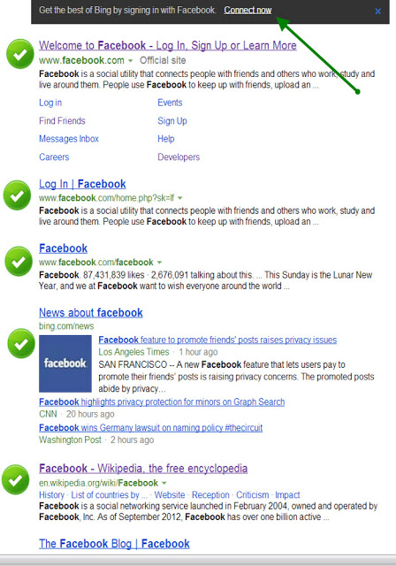 Bing search for Facebook